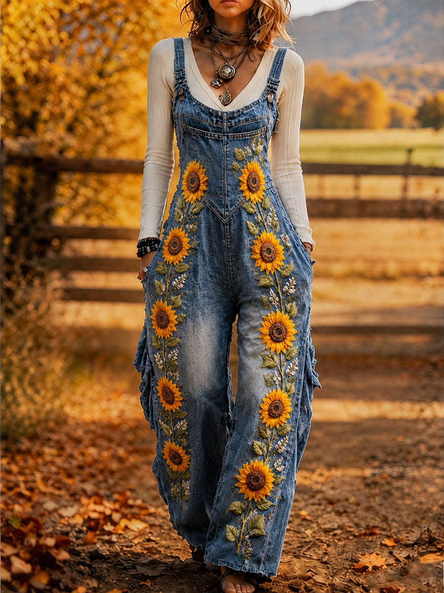 Women's Retro Autumn Style Art Print Washed Cotton Denim Patchwork Jumpsuit